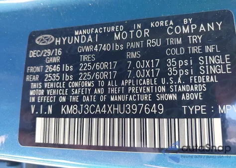 2017 Hyundai Tucson Se from USA, damaged, VIN KM8J3CA4XHU397649